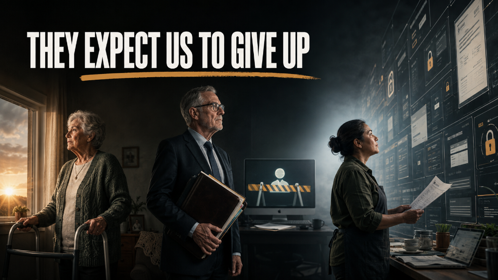 An older woman waiting with a walking frame, an experienced professional facing an automated employment barrier, and a small-business operator confronting an imposing wall of digital systems beneath the words 'They Expect Us to Give Up.'