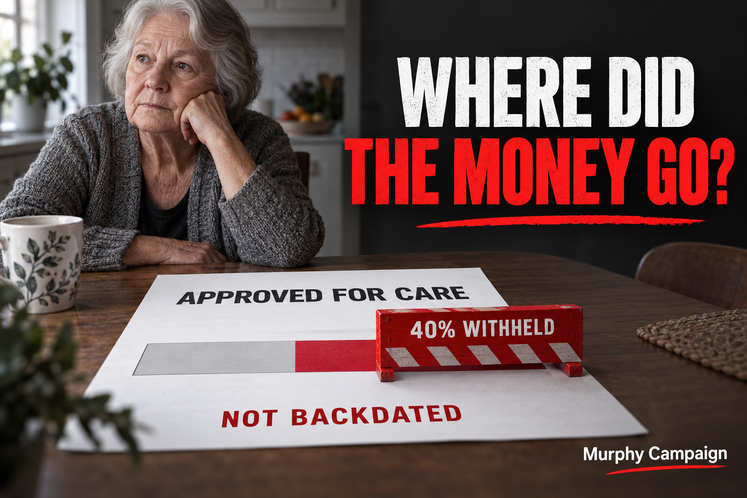 Murphy Campaign graphic: approved for care, 40 percent withheld, not backdated—where did the money go?