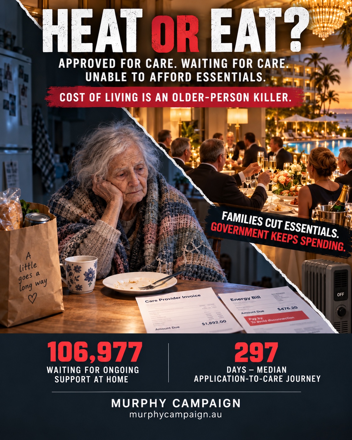 Heat or Eat poster contrasting an older Australian's hardship with government spending