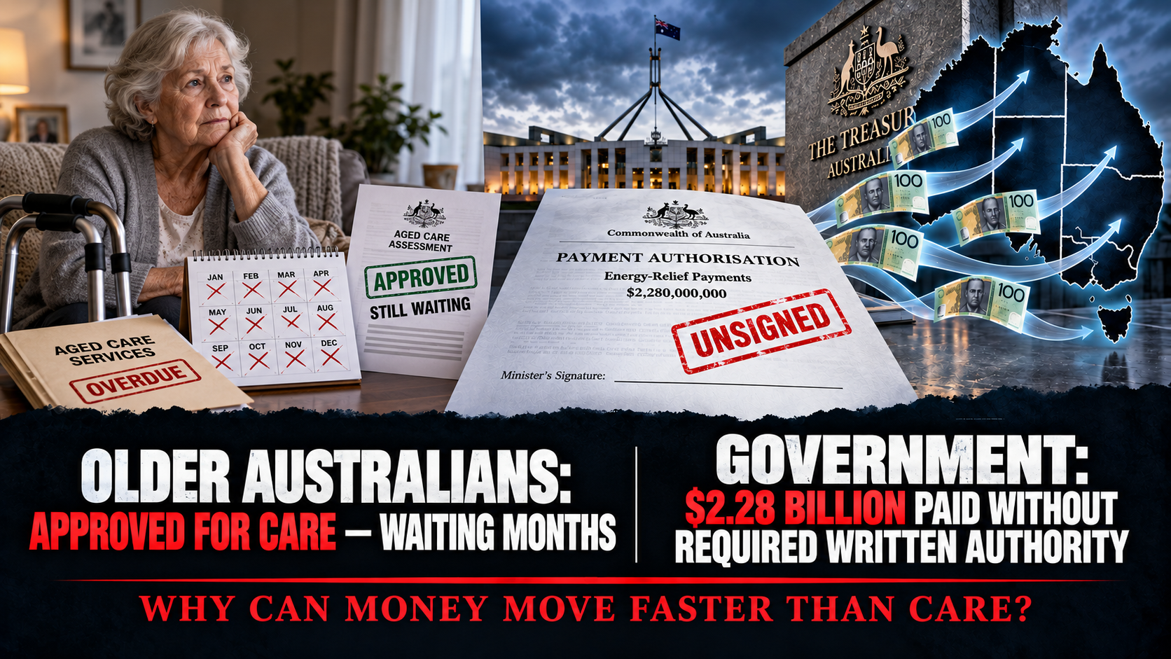 Older Australians approved for care wait months while government processed $2.28 billion without required written authority