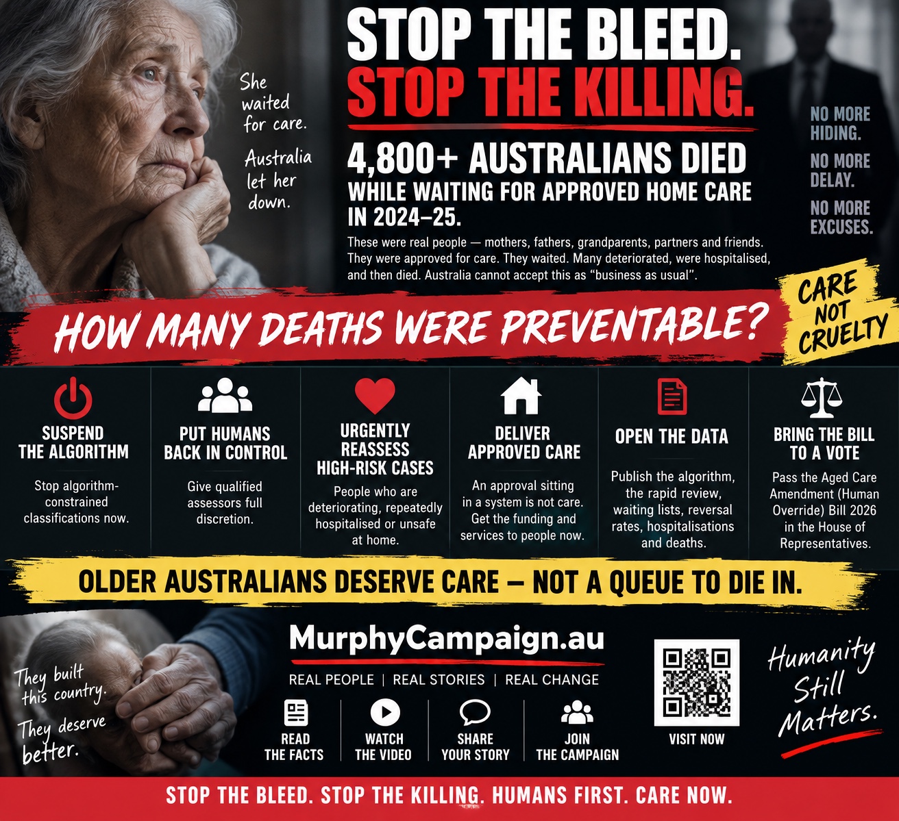 Stop the Bleed, Stop the Killing campaign poster reporting more than 4,800 Australians died while waiting for approved home care in 2024–25