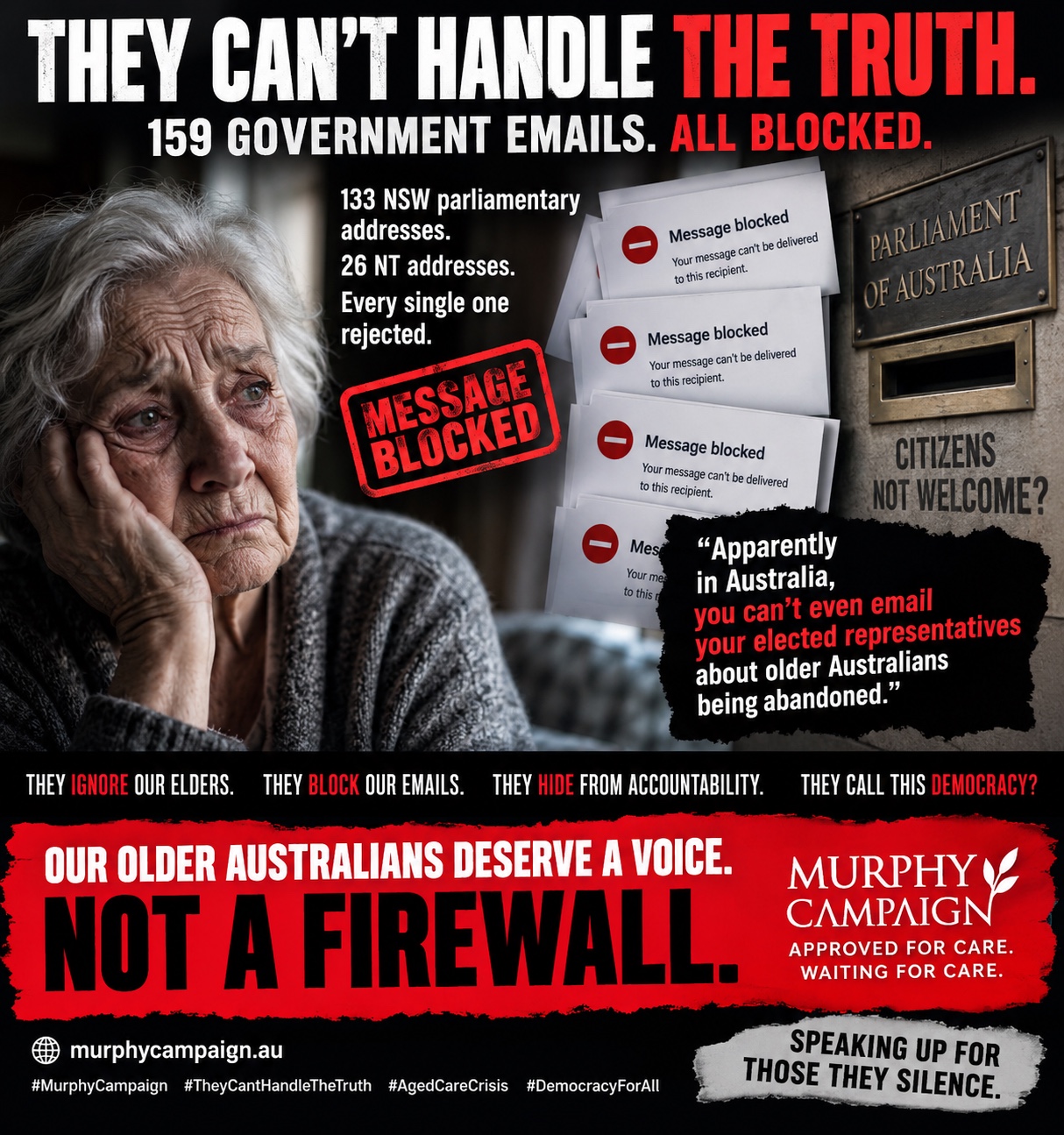 They Can't Handle the Truth poster documenting 159 blocked government email addresses